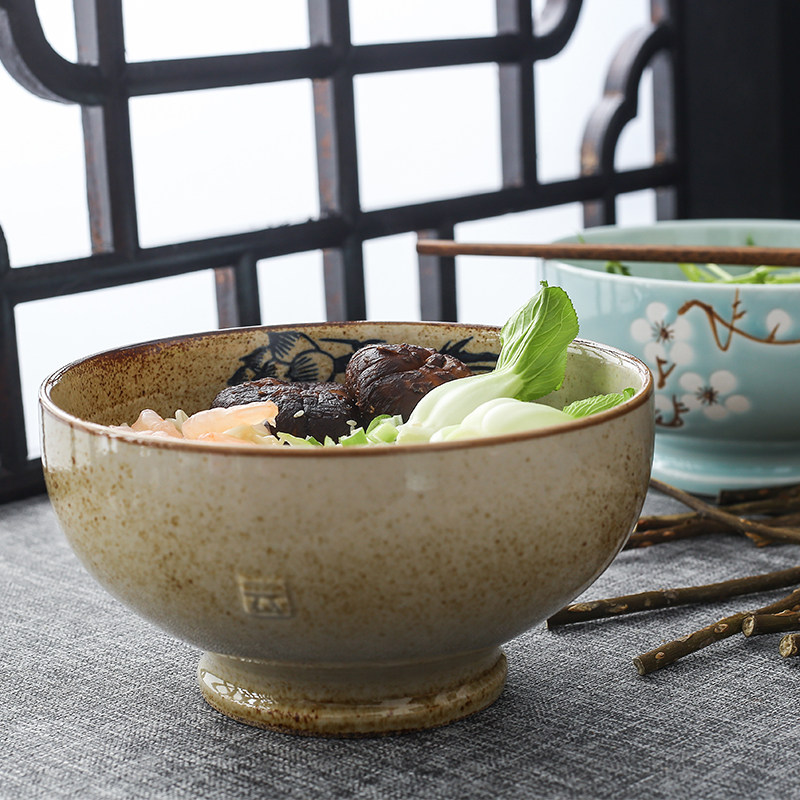 Day Style Hand-painted ceramic Drum Noodle Bowl High Foot Domestic Large Capacity Rice Noodle Bowl Creative Bowl dining room Soup bowl Commercial