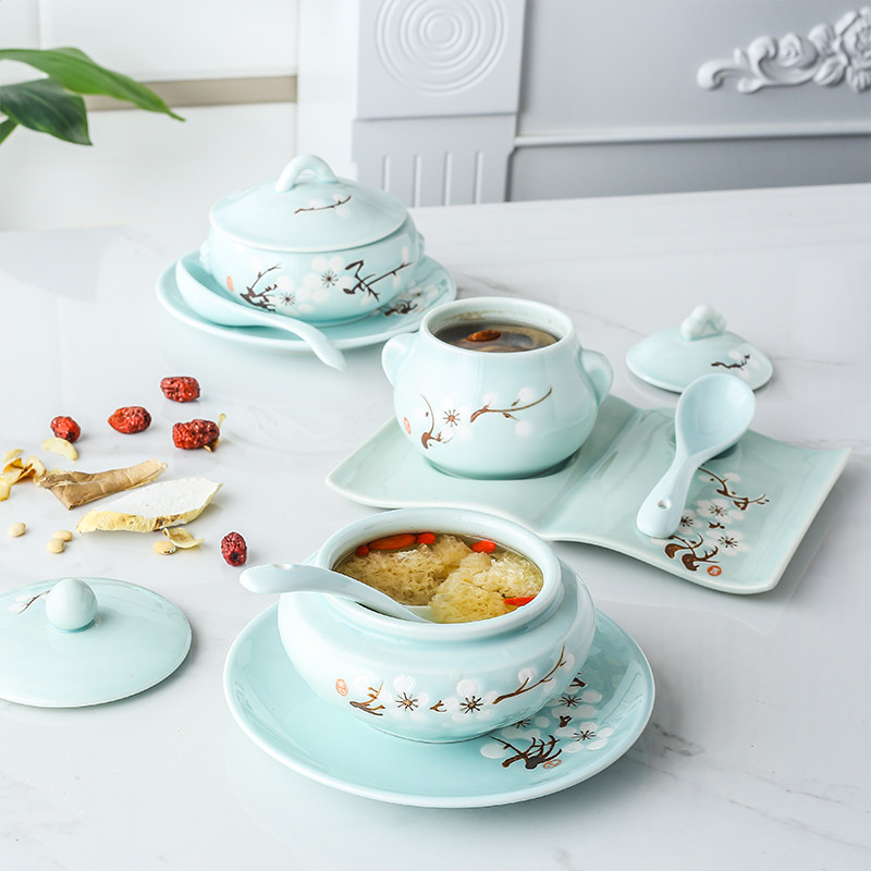 Chinese style One copy of the Ginseng Cup ceramic wing Rintho Plum Saucepan Stew and Saucer Hotel Swallow Soup for commercial use