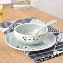 New Chinese hotel ceramic dish bowl spoon Hand-painted plum table tableware three-piece set Restaurant hotel daily ceramics