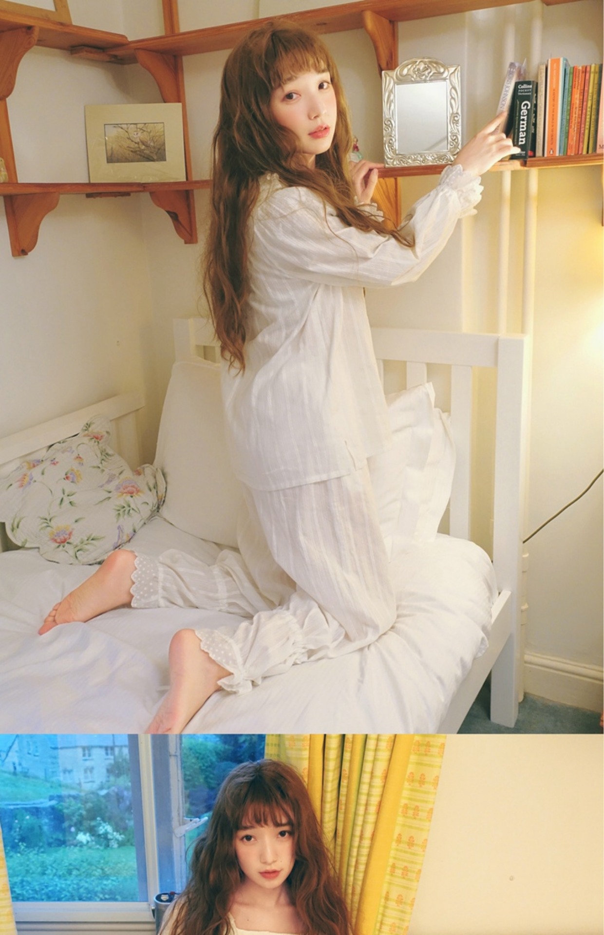 DEAR ngực gốc retro thêu hoa sen lá bông sừng dài tay nhà quần áo áo ngủ bộ mặc nhà