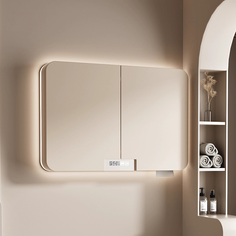 Feng Shui Mirror Hidden Storage Cabinet with Cream-Colored Led Lighting, Wall-Mounted Bathroom Storage Smart Mirror Cabinet