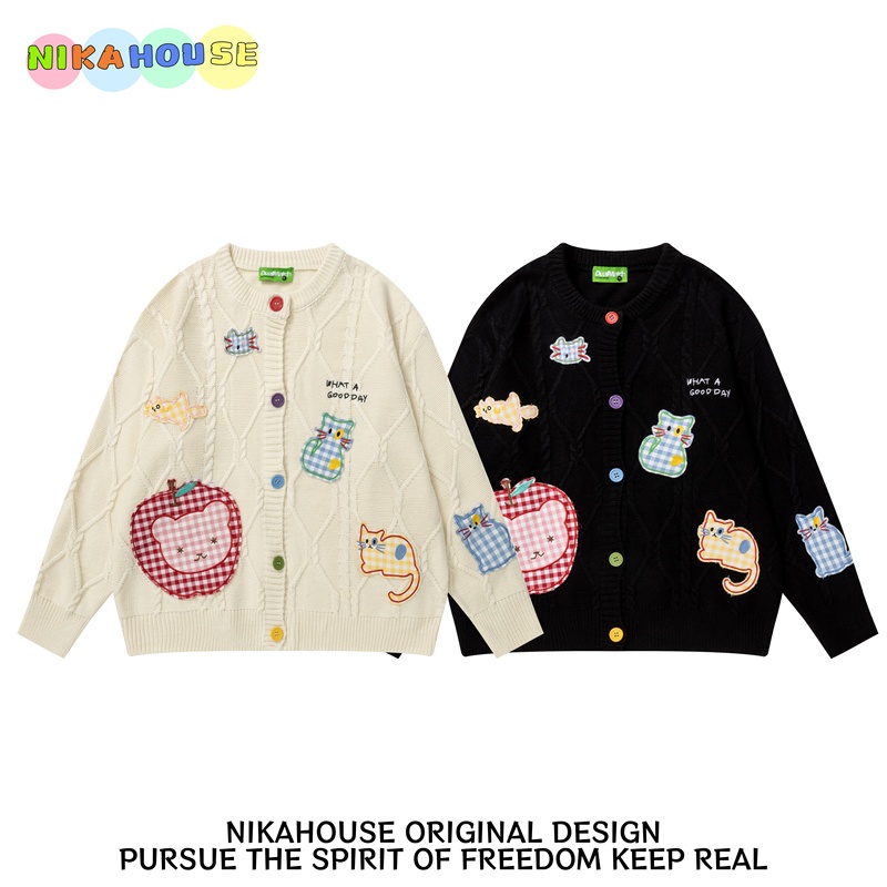 Nikahouse Original Retro Cute Patch Embroidered Cat Sweater Jacket for Women Winter Loose Lazy Knitwear Nikahouse Original Retro Cute Patch Embroidered Cat Sweater Jacket for Women Winter Loose Lazy Knitwear