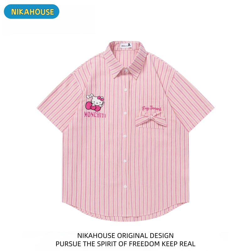 Nikahouse Cute Hellokitty Embroidered Bow Striped Short-Sleeved Shirt Women's Loose Shirt Summer Trend