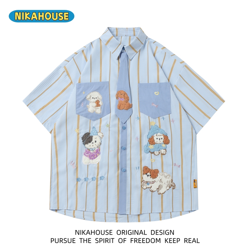 Nikahouse Japanese-Style Fun Puppy Embroidered Tie Vertical Stripe Short-Sleeve Shirt Unisex Cute Casual Shirt
