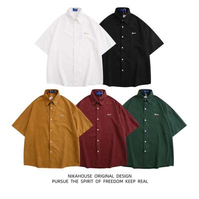 NIKAHOUSE Japanese retro solid color short-sleeved shirt for women, casual couple top, loose and versatile shirt for men