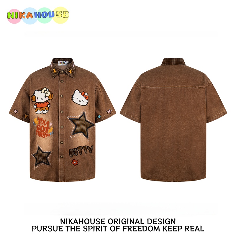 Nikahouse American Retro Hellokitty Embroidered Denim Short-Sleeved Shirt Loose Shirt Trendy