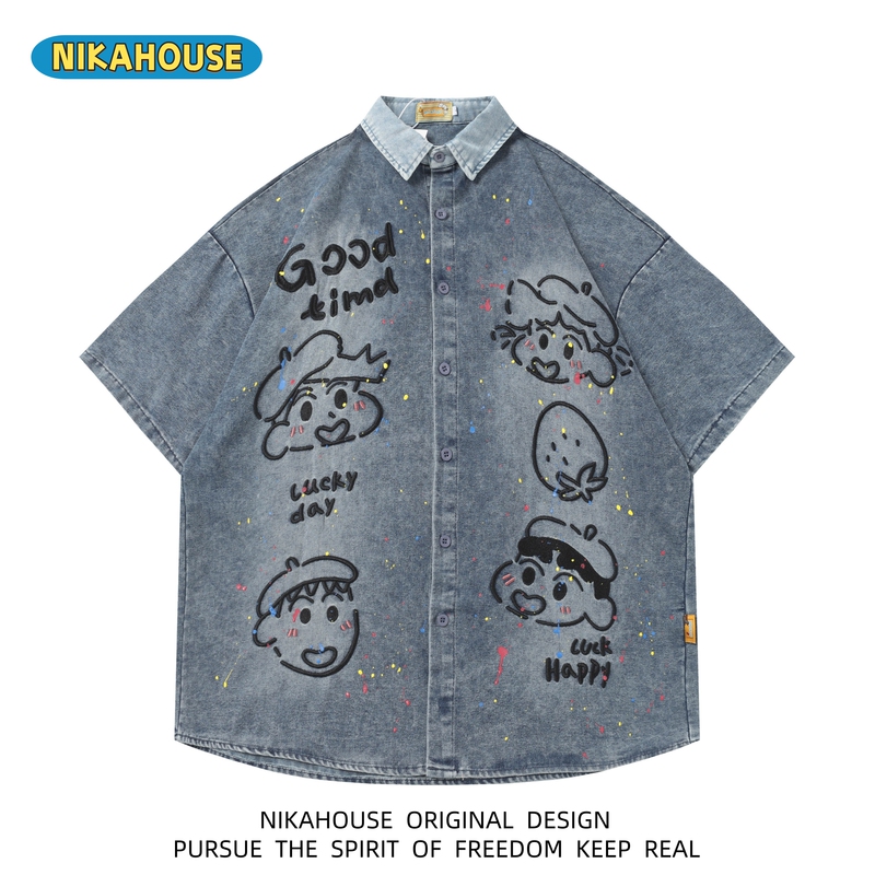 Nikahouse Cute Crayon Shin-Chan Cartoon Embroidered Washed Denim Short-Sleeve Shirt Trendy Brand Couple Style Shirt Nikahouse Cute Crayon Shin-Chan Cartoon Embroidered Washed Denim Short-Sleeve Shirt Trendy Brand Couple Style Shirt