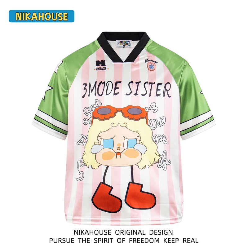 Nikahouse Original Cute Cartoon Print Oversize Short-Sleeved Jersey Summer Sports Quick-Drying V-Neck T-Shirt
