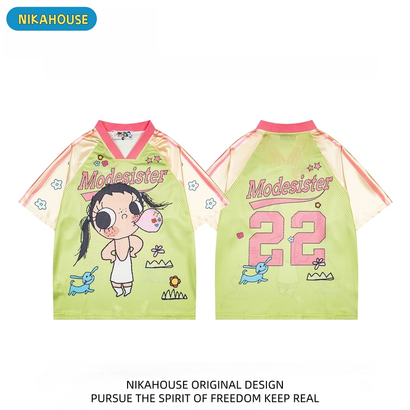Nikahouse Cute Cartoon Trendy Brand Printed Sports V-Neck Short-Sleeved T-Shirt for Men and Women Loose Quick-Drying Sportswear