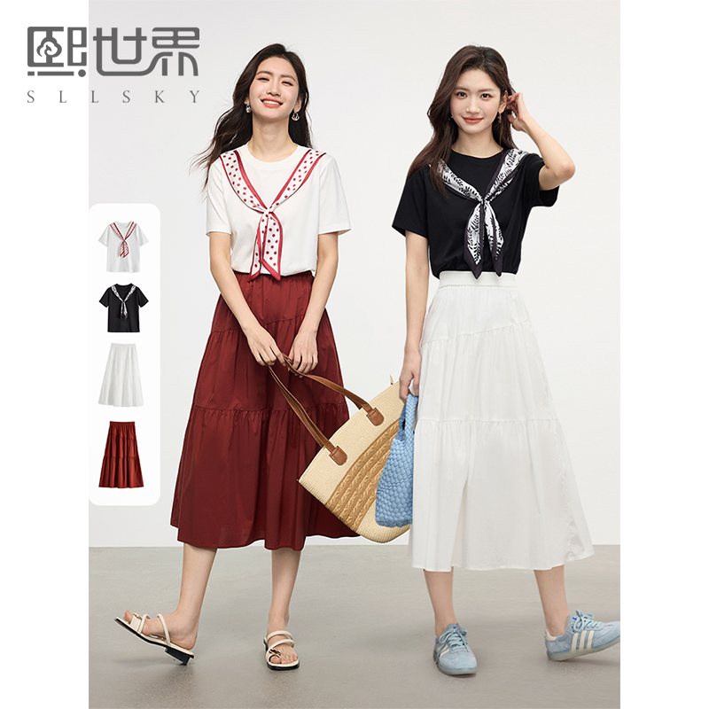 西世街シルクスカーフ マルチカラーTシャツ/スリムスカート