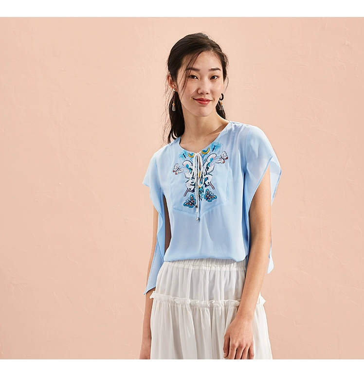 [119 nhân dân tệ 3 miếng] v cổ áo buộc dây ngắn tay áo thoáng khí thêu voan ren nữ 112SS037