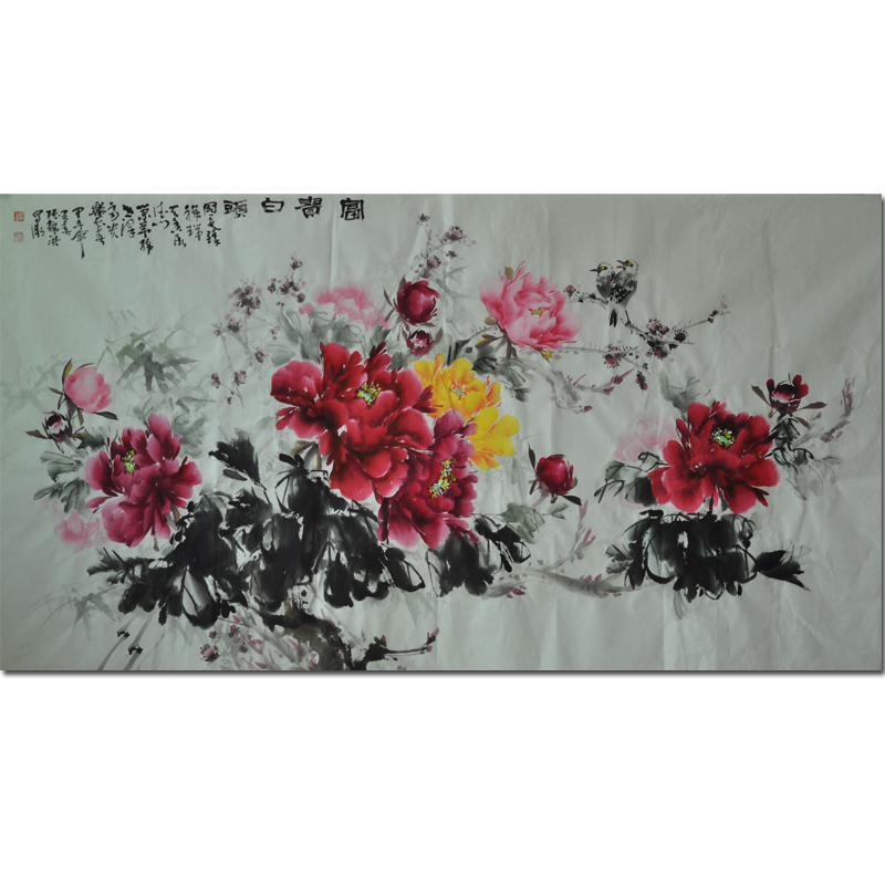 Zhang Jinghong National level fine arts division National painting flower bird painting peony < Fugui White Head > Custom