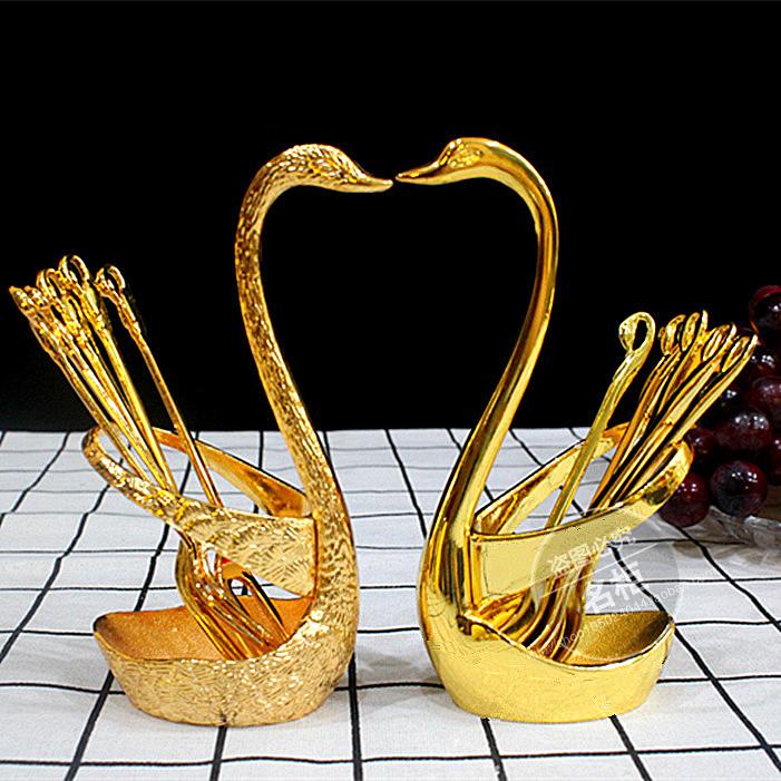 Creative swan fruit fork seat zinc alloy fruit sign dessert fork cake fork storage tableware coffee spoon decoration set