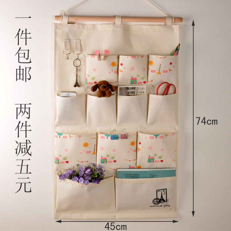 Dormitory storage bag Cotton linen fabric multi-layer multi-pocket hanging bag Behind the door wall hanging top cabinet Debris finishing bag