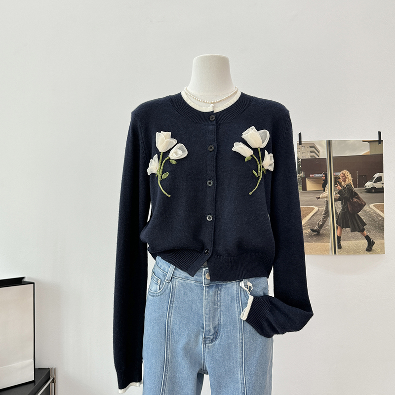 Path Stories [Tulip Notebook] 3D Embroidered Knitted Cardigan Versatile Loose Top