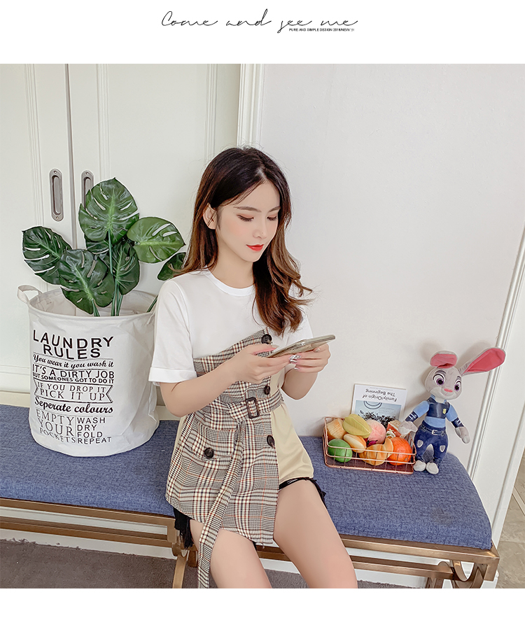 VK旗艦店 韓系格子拼接假兩件短袖T恤時尚收腰短袖上衣