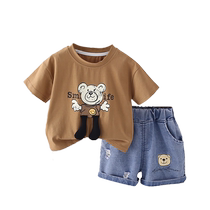 Jingqi baby summer suit 2024 new childrens summer boy denim summer style handsome short-sleeved shorts summer suit