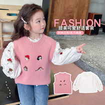 Girls white shirt long-sleeved top 2024 new summer childrens princess vest shirt two-piece set spring and autumn