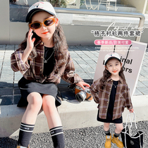 Girls plaid shirt summer top jacket 2024 new two-piece shirt childrens thin outer bottoming shirt