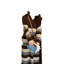 Jingqi Maternity Autumn and Winter Dress Maillard Color Long Sleeve Knitted Slim Striped Lapel Sweater Skirt