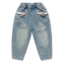 Girl Jeans Spring Autumn style 2024 new elastic children Old daddy pants outside wearing long pants light colored female baby pants