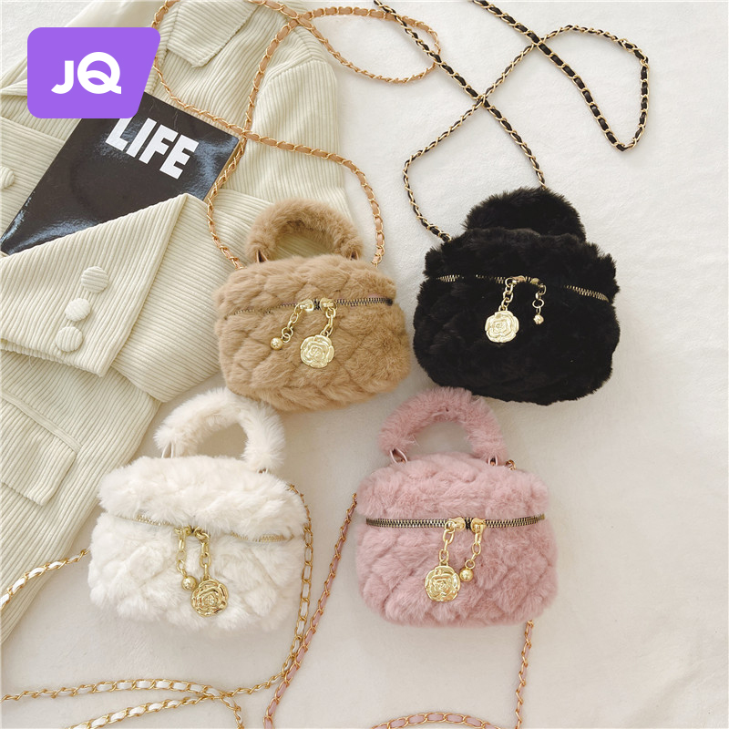 ins girl bucket bag fashion plush bag children slanted satchel bag foreign air handbag baby princess single shoulder bag-Taobao