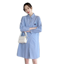 Maternity dress fashion loose large size A version long striped shirt dress long skirt maternity wear autumn and summer wear