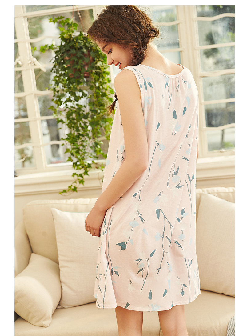Ba tai thỏ đồ ngủ phụ nữ mùa hè váy ngủ ren v cổ modal cotton lỏng phụ nữ mang thai kích thước lớn trung niên không tay áo ngủ - Đêm đầm đầm mặc ở nhà