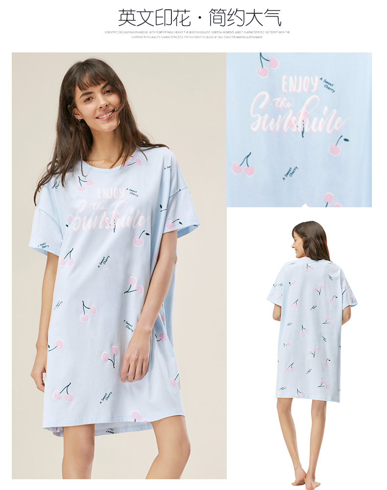 Ba tai thỏ nữ váy ngủ ngắn tay cotton trùm đầu đồ ngủ mùa xuân và mùa hè cotton dễ thương anh đào kích thước lớn phục vụ nhà nữ váy cho người trung niên