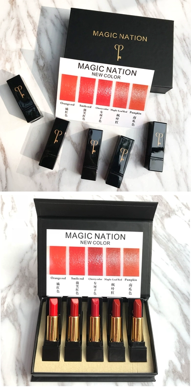 Lipstick Set kết hợp dưỡng ẩm dưỡng môi Maple Red Pumpkin màu Cherry Red Orange 5 gói sinh viên