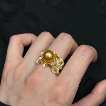 Golden pearl ring light luxury skirt ring natural ring luxurious wave adjustable hong kong workers imported gift