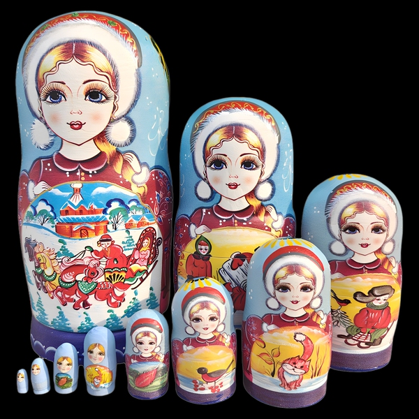 Russian Matryoshka Doll 10-Layer Classic Story Version Hand-Painted Craft Made of Basswood Children's Educational Toy Gift Decoration