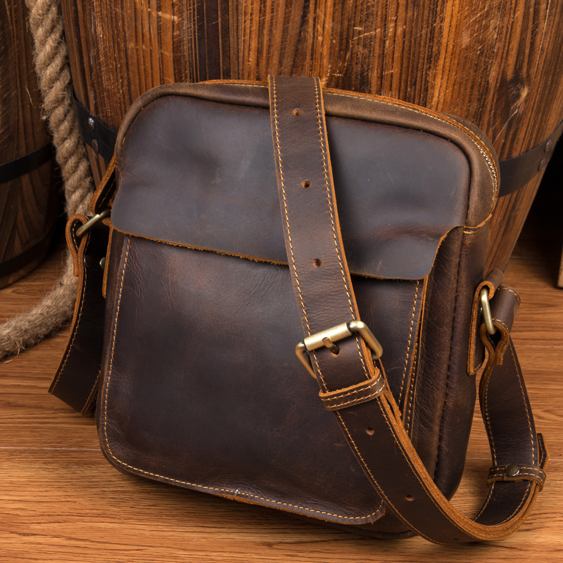 Hand made old man bag mad muppie single shoulder bag retro genuine leather men casual small satchel head layer cow leather skew satchel