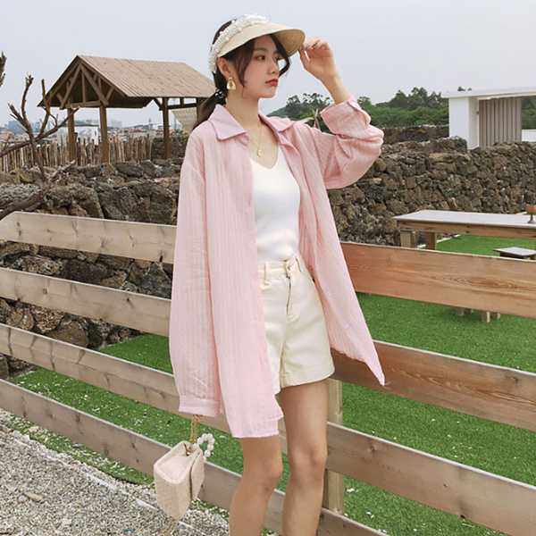 National purple snow orchid with the same summer long version cotton striped loose sunscreen shirt D80