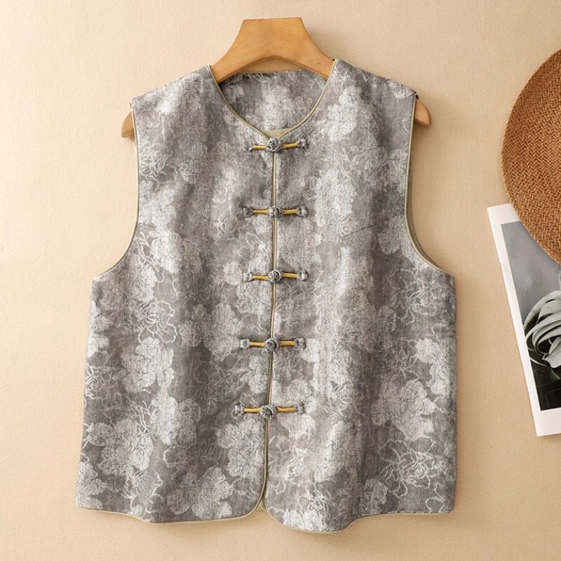 Vintage Artistic Print Gray High-End Hanfu Vest Autumn New Style New Chinese Style National Style Buttoned Sleeveless Vest Vintage Artistic Print Gray High-End Hanfu Vest Autumn New Style New Chinese Style National Style Buttoned Sleeveless Vest