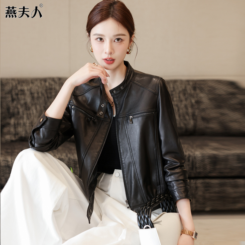 Stand Collar Short Leather Jacket for Women, Genuine Leather, Autumn and Winter New Style, Slim Fit, Unique Haining First-Layer Sheepskin Jacket