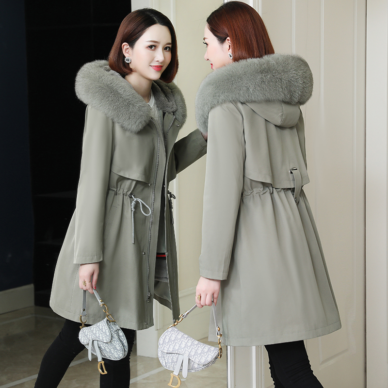 Parker Women's 2020 Winter New Style Rex Rabbit Fur Lining Detachable Haining Fur Coat Mid-Length Jacket