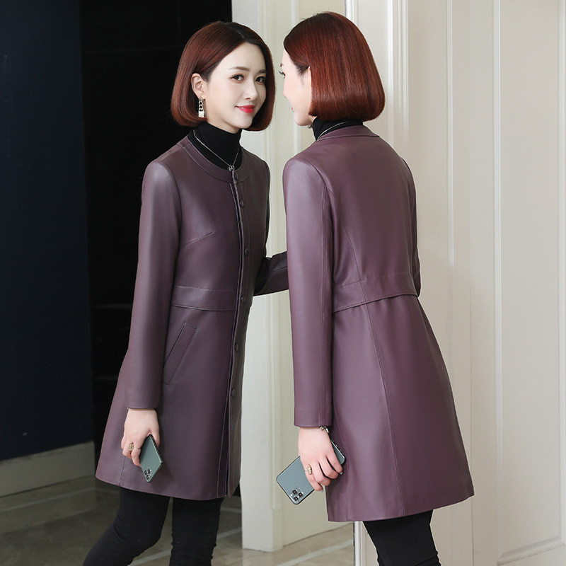 Henning Genuine Leather Clothing Lady 2022 Spring Autumn Season New Round Collar Workout Slim Sheep Leather Outer Sleeve Long Version