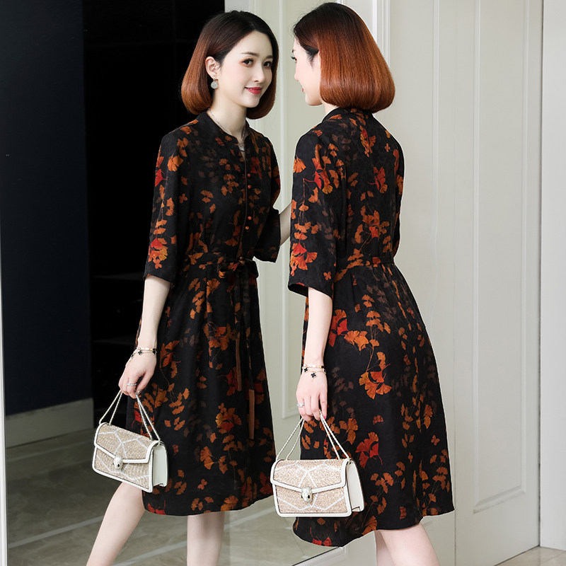 Heavy tortoise pattern fragrant cloud yarn silk dress women's 2022 summer new flower mulberry silk skirt mid-length version