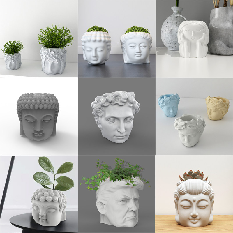 Portrait Buddha statue cement flower pot silicone mold Nordic wind gypsum creative concrete home ornament flower pot mold