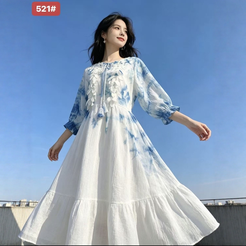 Plant-Dyed Handmade Tie-Dye Sleeved Dress, Yunnan Blue, Artistic Vacation Style, Casual Slimming Ethnic Style Long Dress