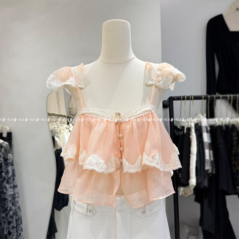 Romantic and Beautiful Summer Lace Blouse with Backless Design, Slimming Effect, 2026 New Chic Layered Ruffle Short Top