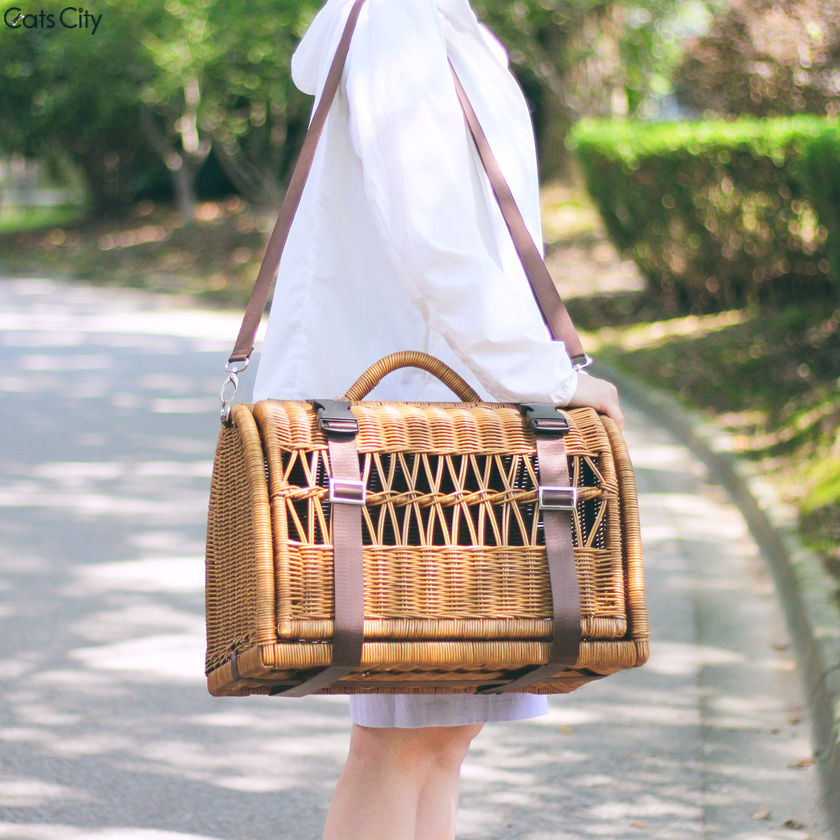 CatsCity Pure Artisanal Real Vine Woven Kitty Outout Bags Pet Lift Basket Carry-on and Breathable Big Cat Bag