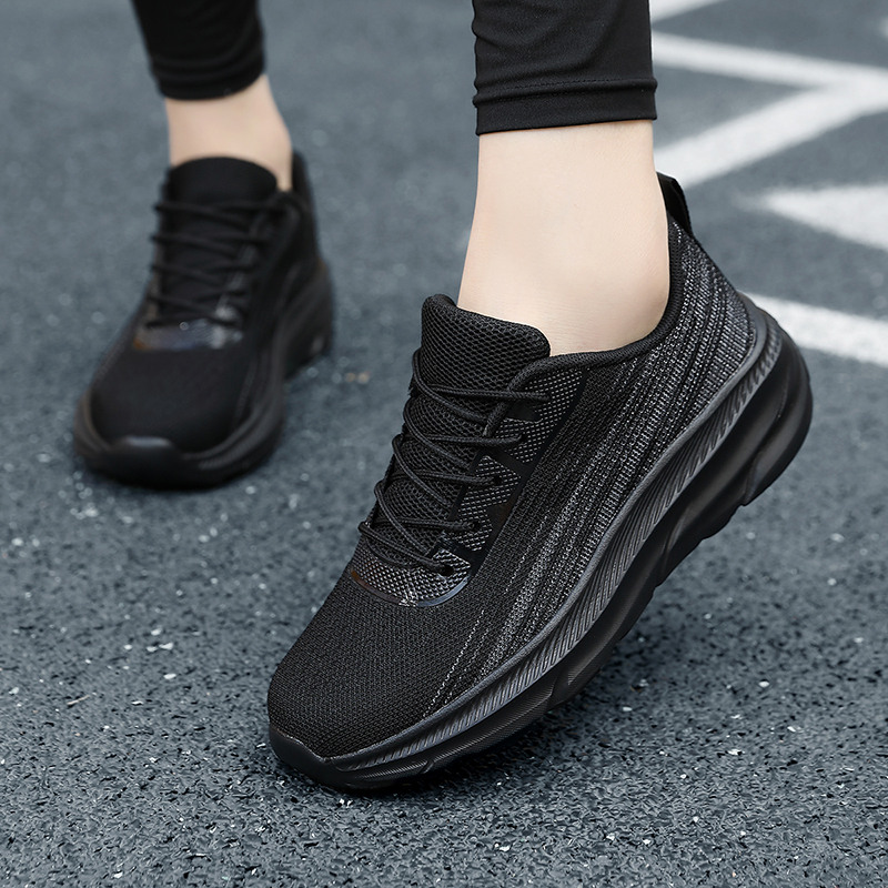 Spring Sports Shoes, Women's Black Work Shoes, Thick-Soled, Lightweight Mesh, Breathable, Shock-Absorbing Running Shoes, Versatile Casual Shoes