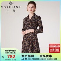 Mulan autumn long sleeve woman dress suit collar with elastic and elegant printed one-piece dress