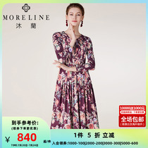 MORELINE MULAN ART PRINT DRESS Dress Spring Autumn Long Sleeve V Collar body Temperament Style Mid-Length Dress
