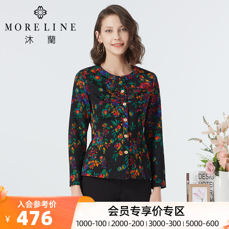 Mulan round neck printed short shirt women's long-sleeved casual slim fit commuter all-match top age-reducing jacket Western style