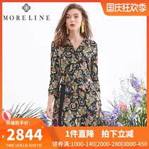 Mu Lan autumn elegant V-neck printed slim dress slim fashion Medium-length dress