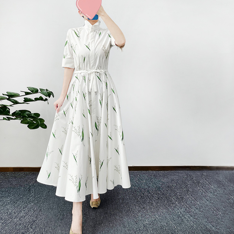 French Elegance 26 Spring and Summer Pastoral Style Lily of the Valley Print Shirt-Style Waist-Cinching Tie Slimming Long Dress with a Sense of Style