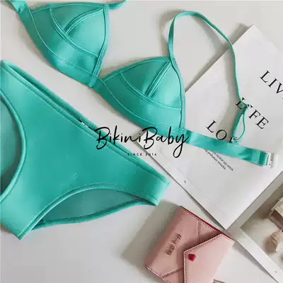 New European and American ins sexy triangle bikini neoprene color mint green small chest Bikini swimsuit